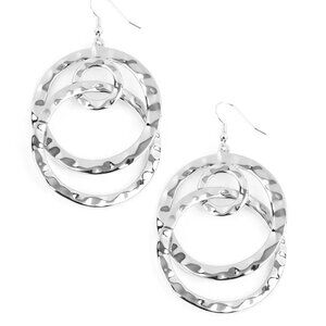 Silver Hammered Hoop Earrings | Abstract Dangle | Fishhook Fitting